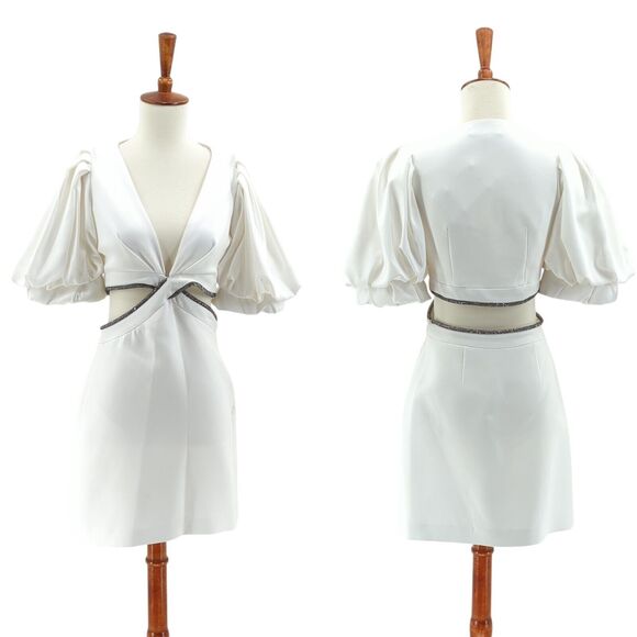 ALC Women 2 Hazel Dress White Crystal Mini Cut Out V Neck Puff Balloon NEW FLAW - Picture 1 of 10